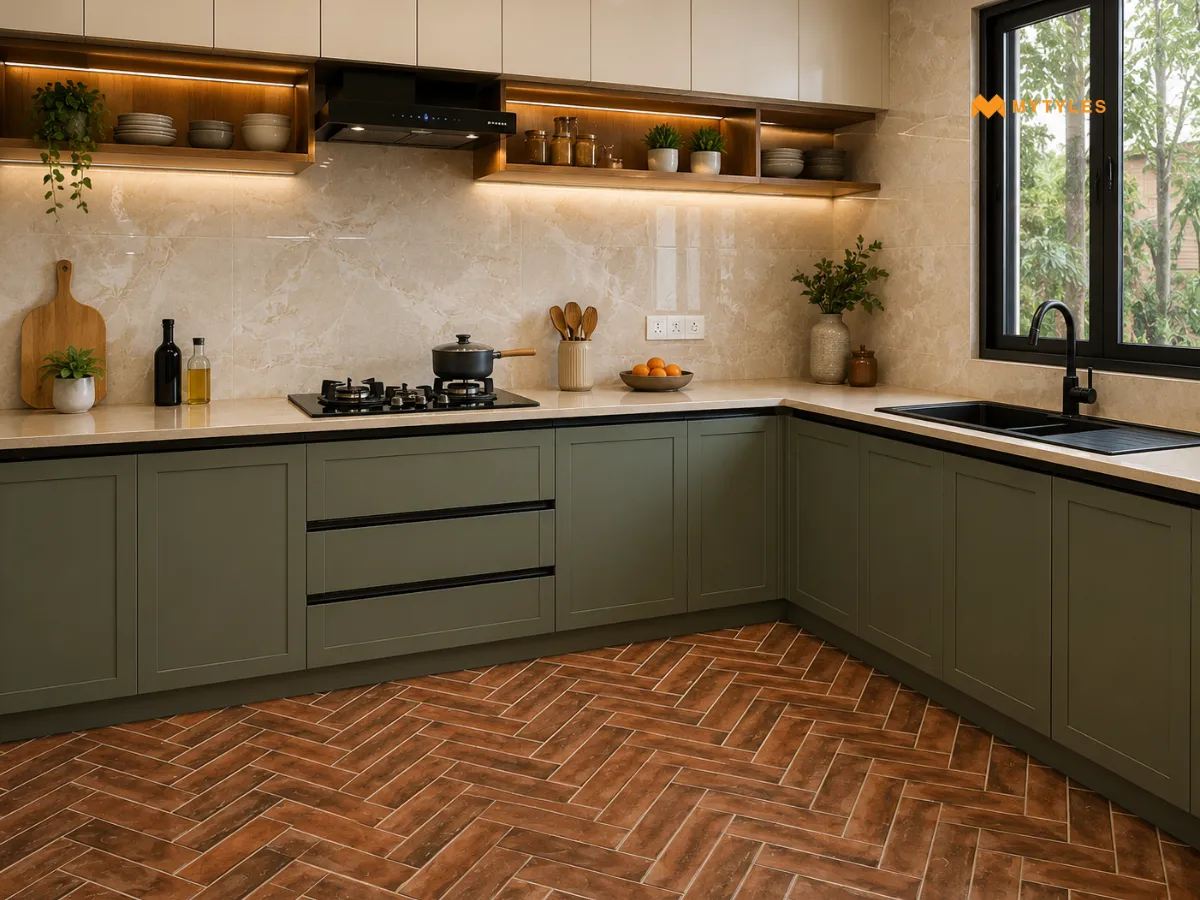 Cream Wall Tiles with Wood Floor Tiles